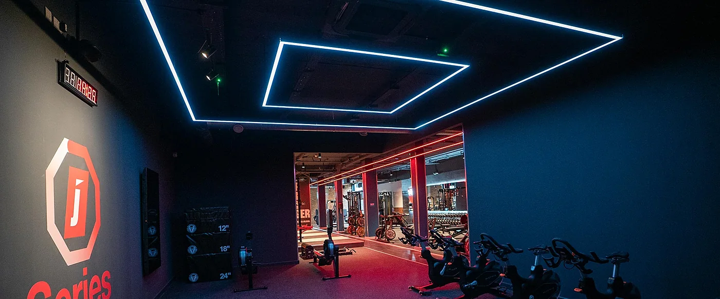 Gym feature lighting, commercial electrical work by Aldridge Electrical